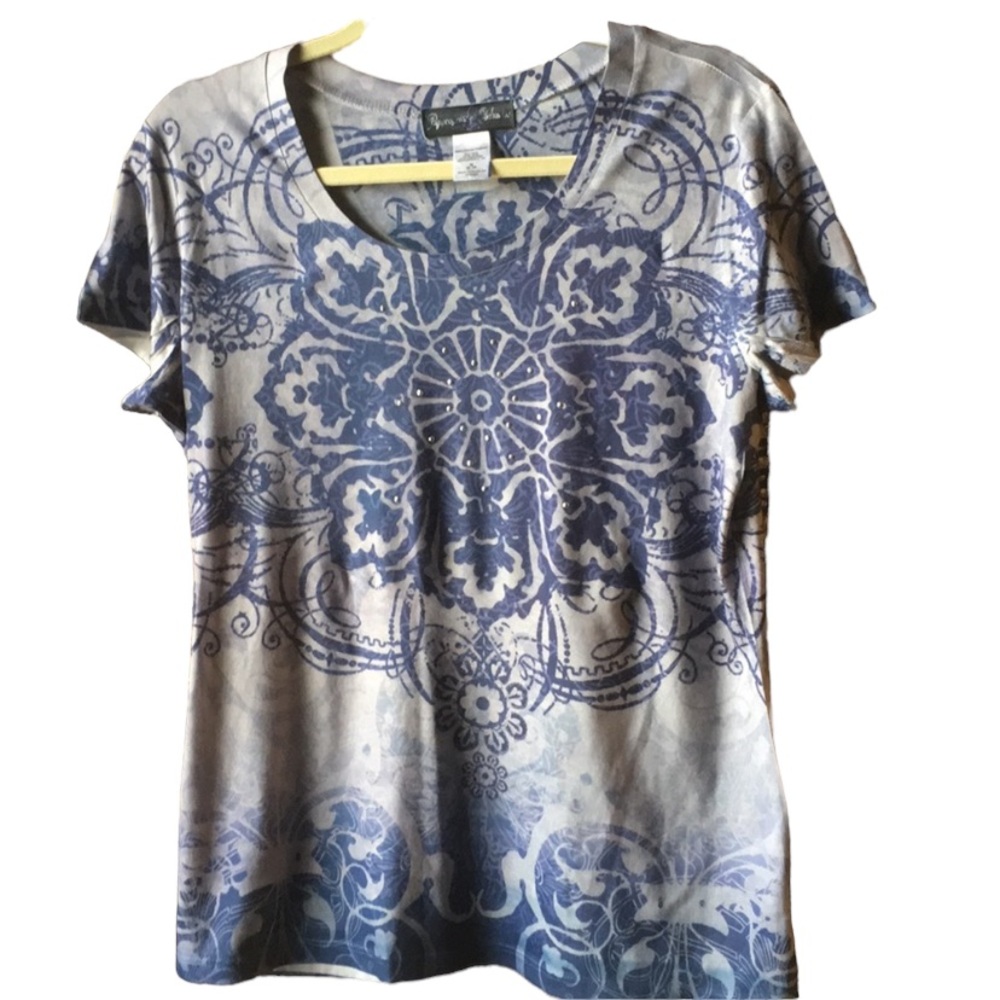 5/$25 APPROPRIATE BEHAVIOR Mandala Rhinestone Short Sleeve Graphic Tee Blue Med
